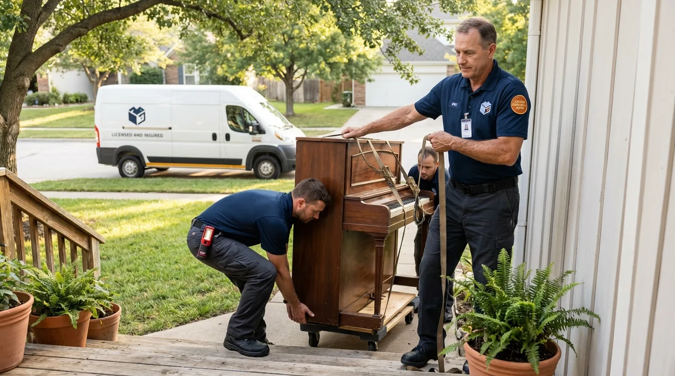 Licensed piano movers securing grand piano in Grafton, NH