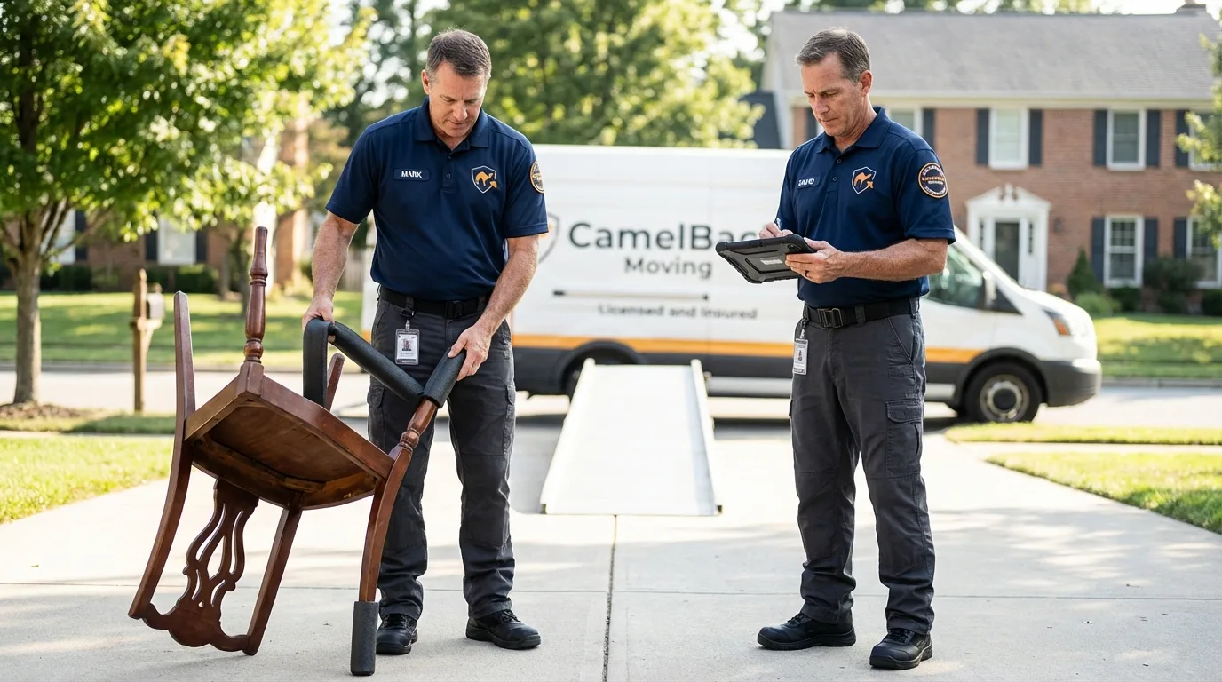 Movers inspecting furniture for damage prevention before loading in Grafton, NH
