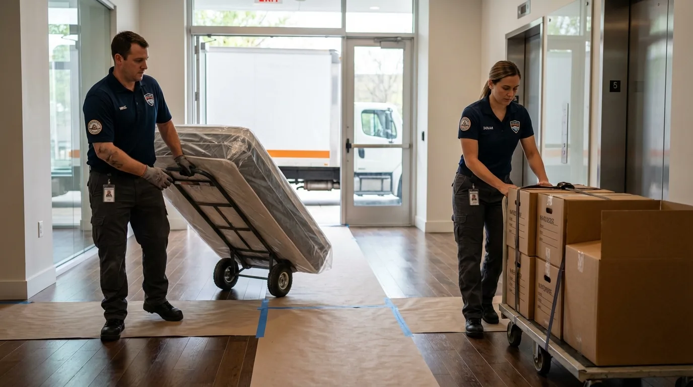 Professional apartment movers loading elevator in Grafton, NH
