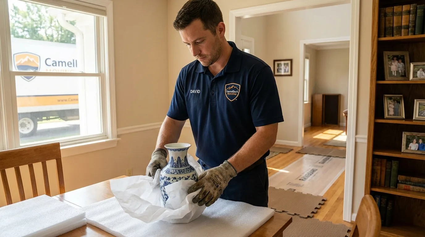 Professional crew carefully wrapping antique vase for senior downsizing move in Grafton, NH