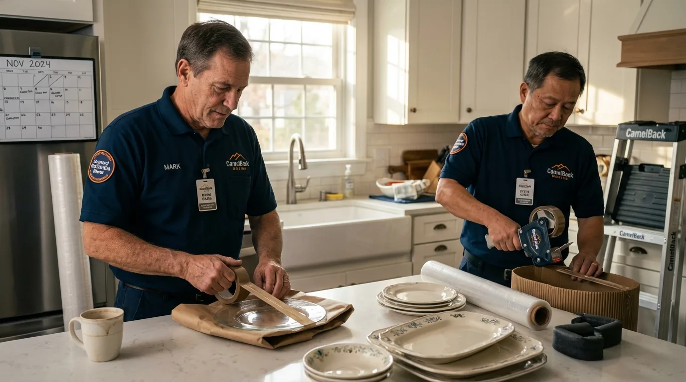 Professional crew packing kitchen dishware in Grafton, NH
